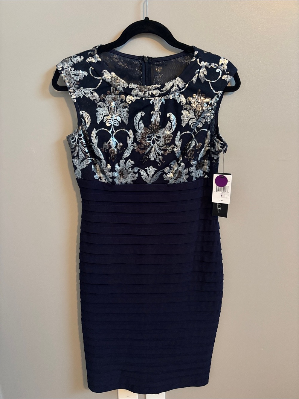 Scarlett Cocktail Navy Midi Dress with Silver Sequin Bodice